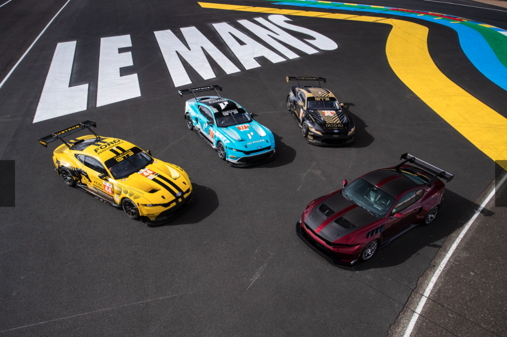 Four Ford Mustang GT3 Le Mans Competitiors Parked on the Le Mans Track